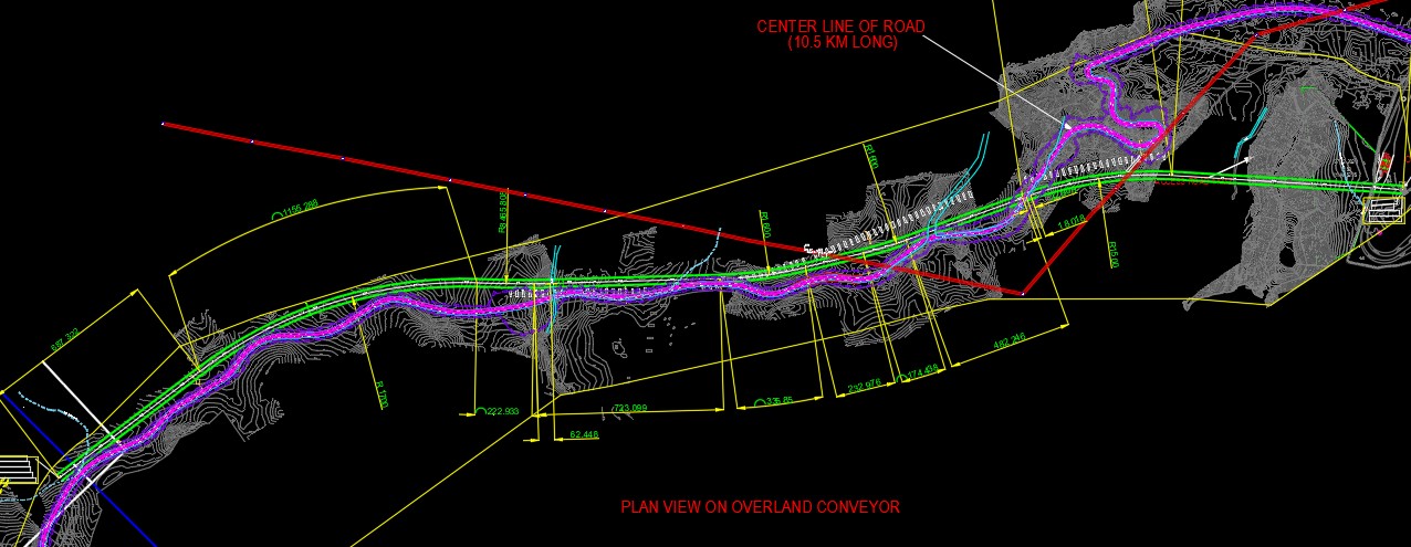 Plan view — overland route — 10.5 km alignment study over site topography.