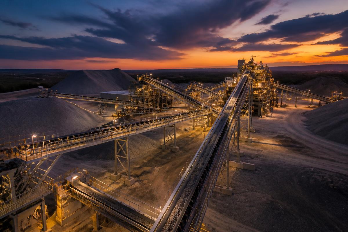 Bulk material handling facility with conveyor systems and engineers reviewing operations